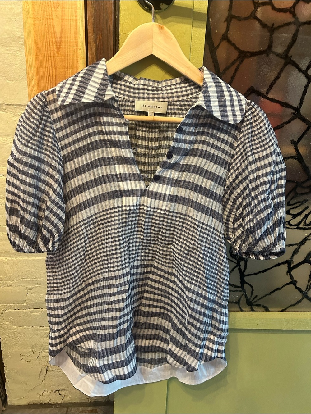 Lee Mathews Gingham Puff-Sleeve Shirt